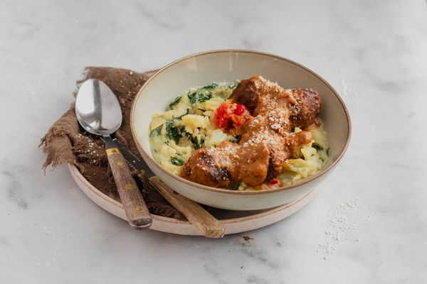 Paksoistamppot met kokos-gehaktballetjes en pindasaus