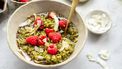 Havermout met matcha, framboos en kokos