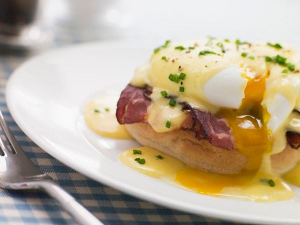 Father's Day breakfast eggs benedict with hollandaise sauce