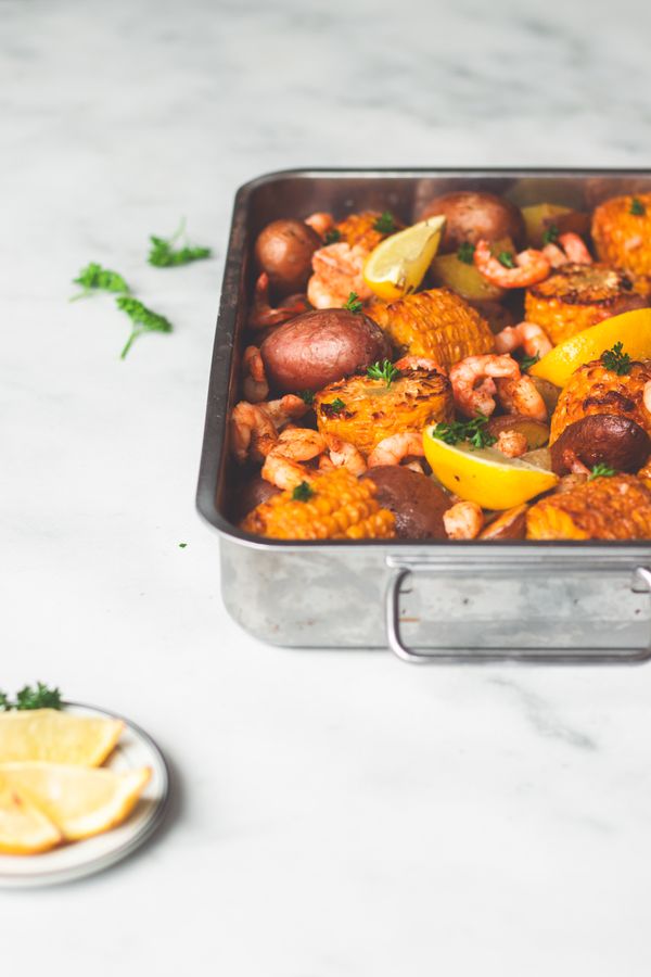 Seafood boil van de bakplaat