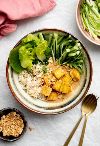 Vegetarische Thaise saté-bowl met tofu