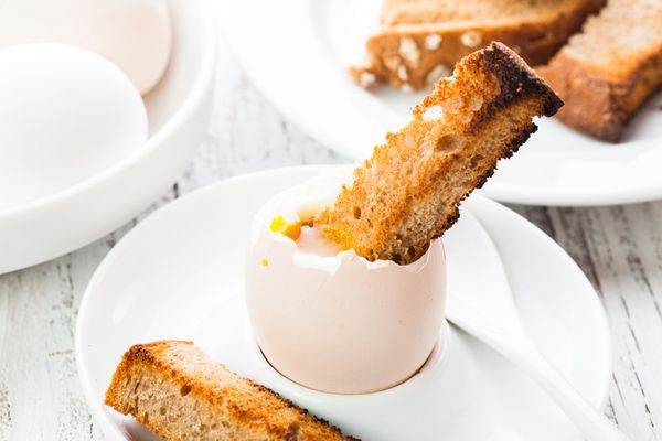 Easter breakfast with bread soldiers and egg
