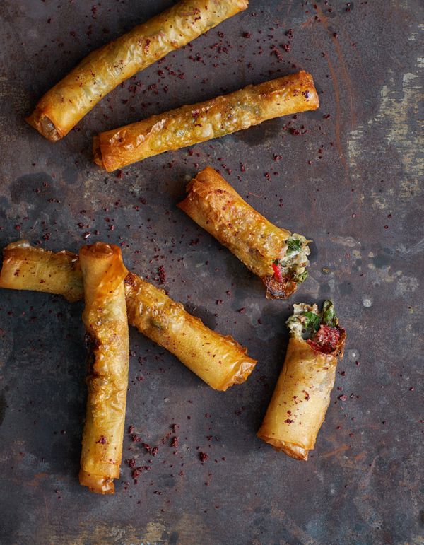filo pastry cigars with cheese and beetroot