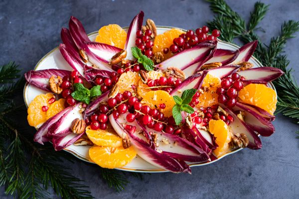 Christmas salad with mandarin, red chicory and pecan