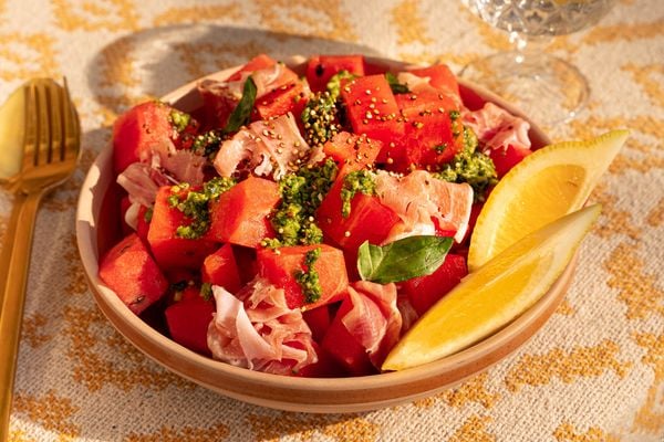 watermelon salad with ham, lemon pesto and puffed quinoa