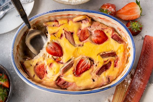 baked ricotta with strawberry and rhubarb