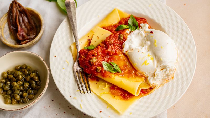 Open lasagne met burrata