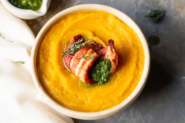 pumpkin puree with pork belly and chimichurri