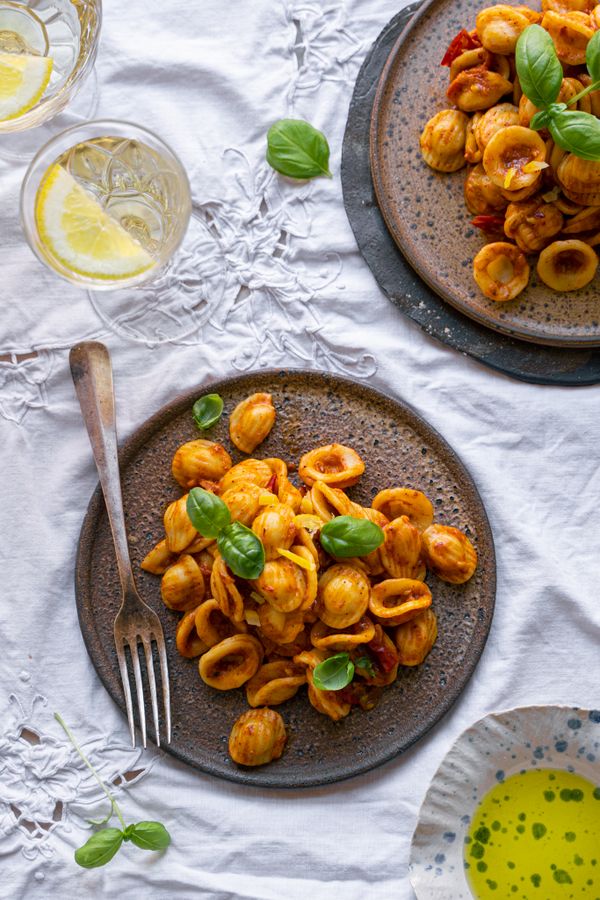 vegan pasta with spicy harissa and pickled lemon