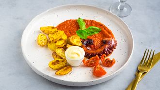 saffraanaardappeltjes met octopus en paprikapuree