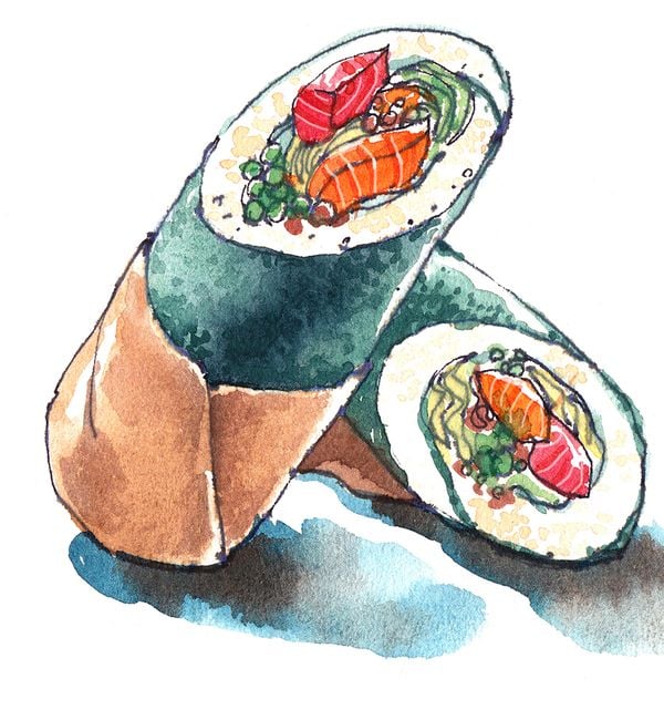 Sushi burrito, Japanese and Mexican food fushion, trendy food watercolor illustration