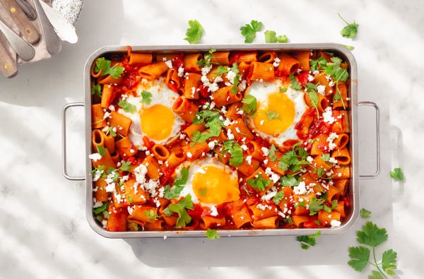 Shakshuka pasta uit de oven