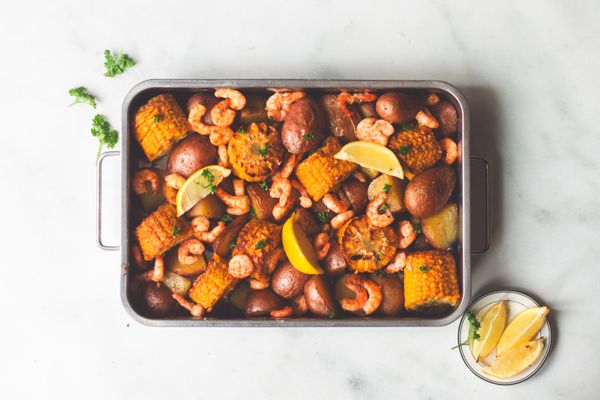Seafood boil van de bakplaat