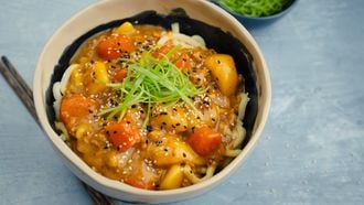 Golden Curry udon noedels met dashi en varkensgehakt