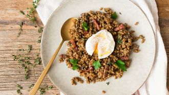 spelt met pancetta en porcini