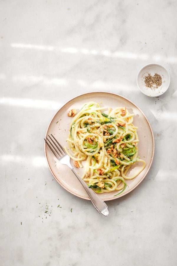 Pasta met roomsaus en prei