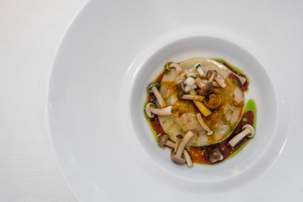 Bresse chicken ravioli (vegan) with forest mushrooms