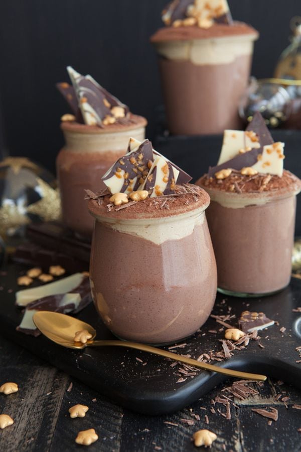 Festive chocolate mousse with golden star sprinkles