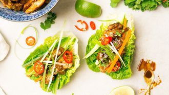 Foto van gegrilde kip met hoisinsaus in slawraps (gezonde recepten)