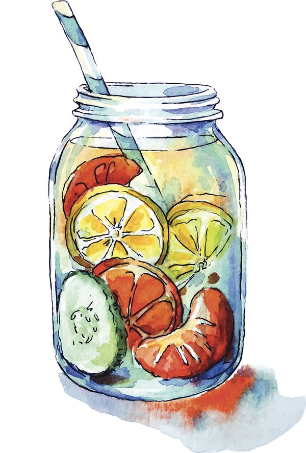 Fruit drink. Mason jar. Watercolor. Hand painted. Vector illustration