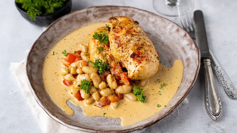 kip in mosterdsaus met paprika en witte bonen