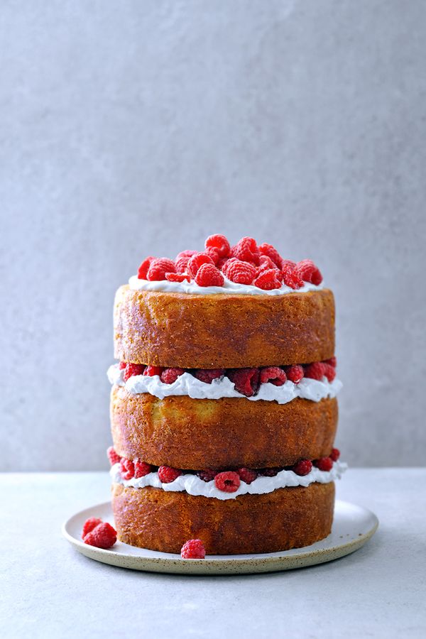 Vegan cake with elderflower and raspberries