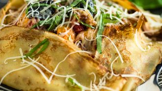 Square crepes with savory chicken and mushroom filling with parmesan